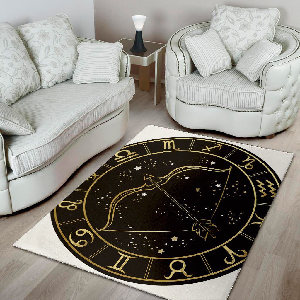 Gold And Black Sagittarius Sign Print Area Rug