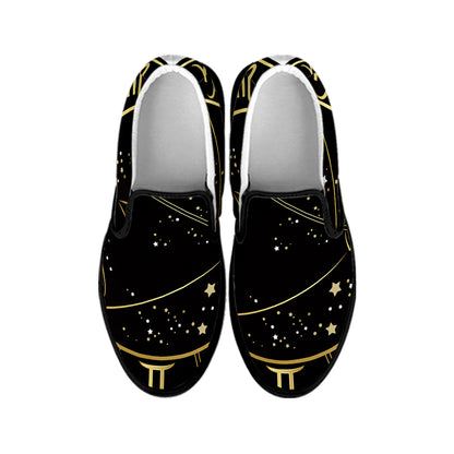Gold And Black Sagittarius Sign Print Black Slip On Shoes