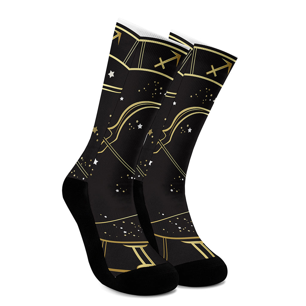 Gold And Black Sagittarius Sign Print Crew Socks