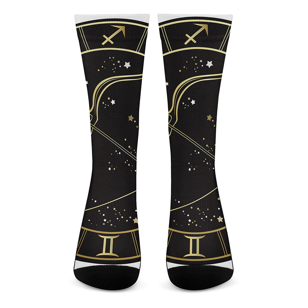 Gold And Black Sagittarius Sign Print Crew Socks