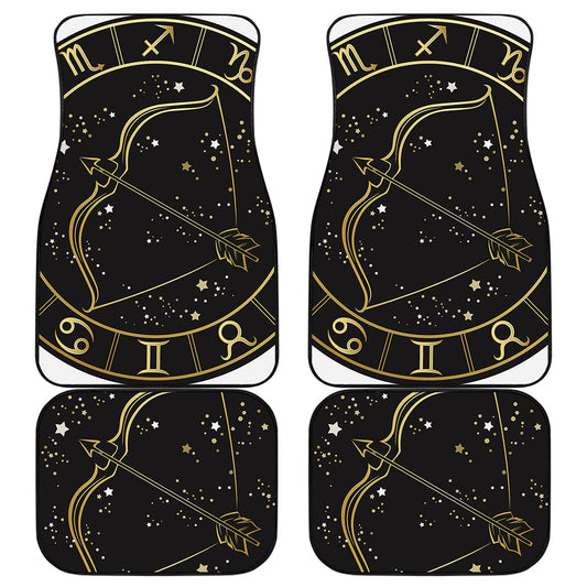 Gold And Black Sagittarius Sign Print Front and Back Car Floor Mats