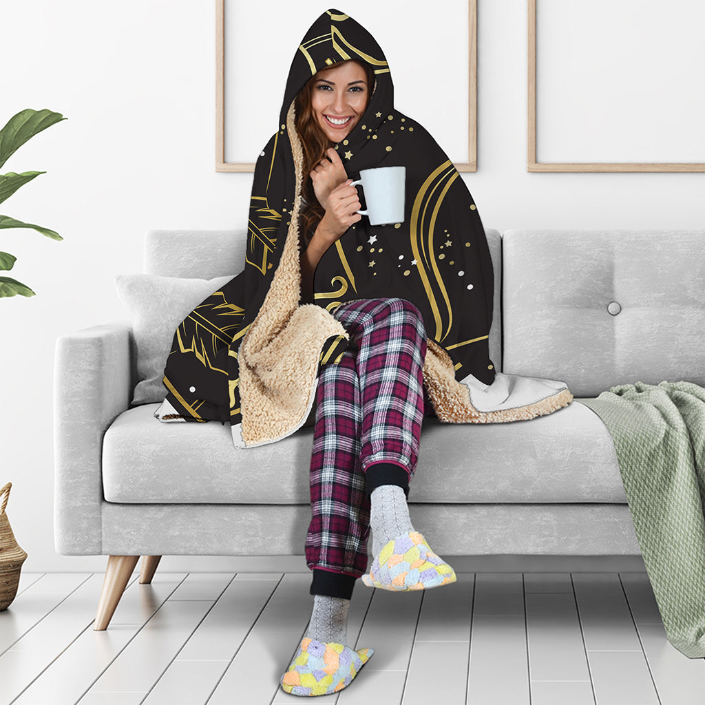Gold And Black Sagittarius Sign Print Hooded Blanket