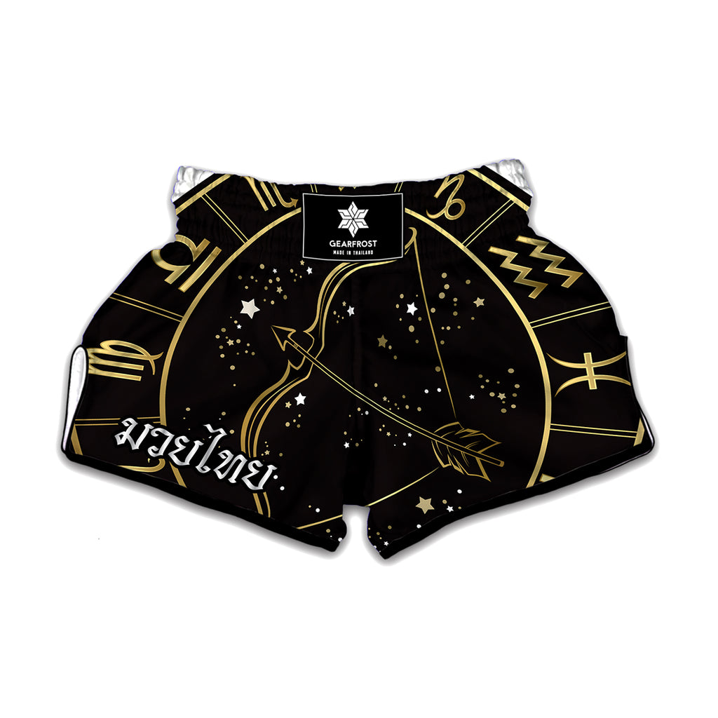 Gold And Black Sagittarius Sign Print Muay Thai Boxing Shorts