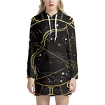 Gold And Black Sagittarius Sign Print Pullover Hoodie Dress