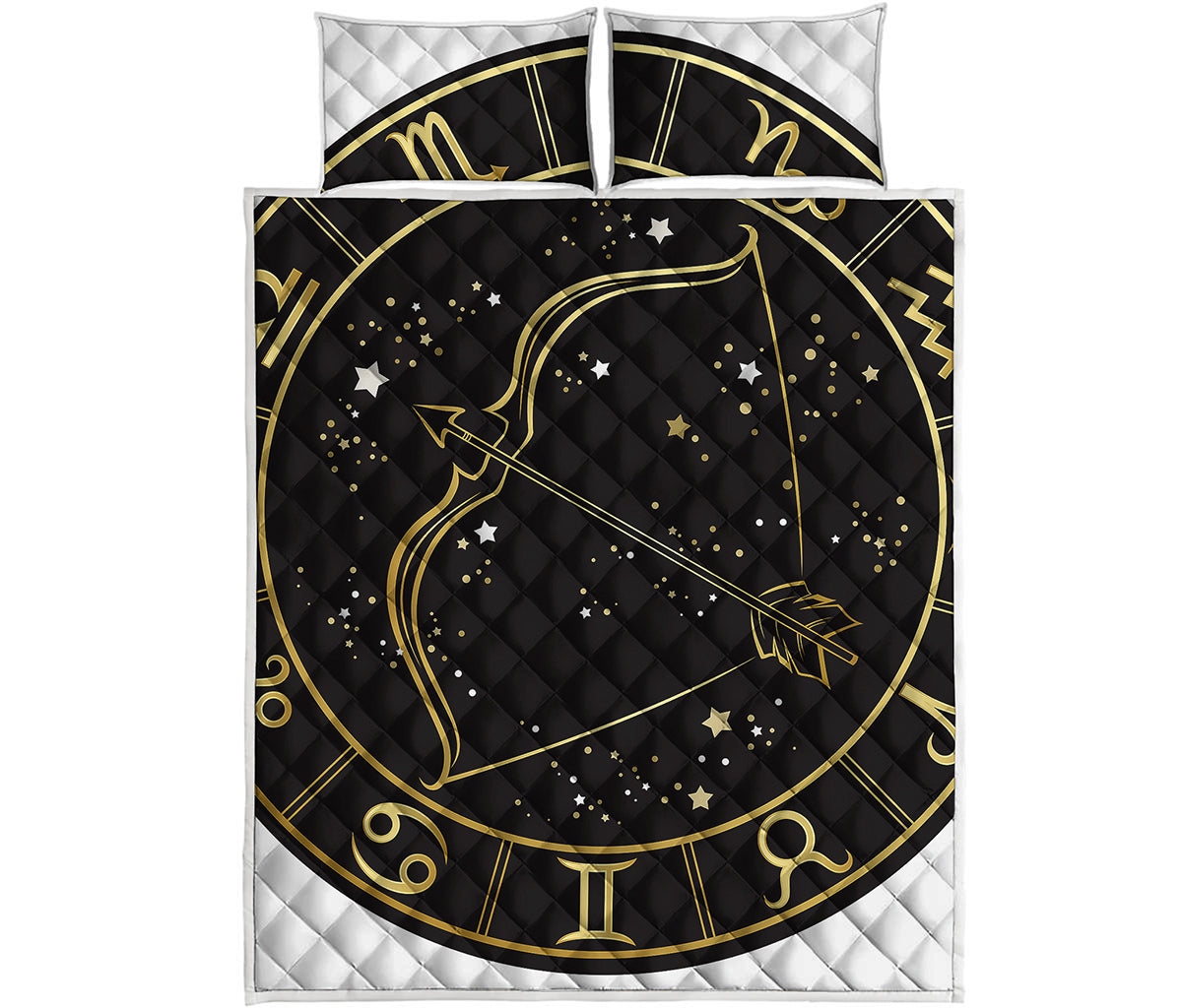 Gold And Black Sagittarius Sign Print Quilt Bed Set