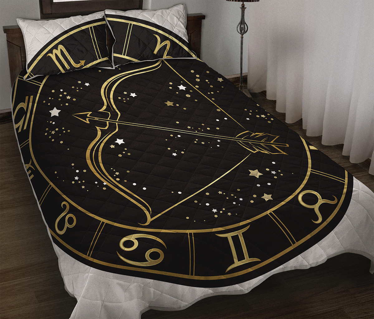 Gold And Black Sagittarius Sign Print Quilt Bed Set