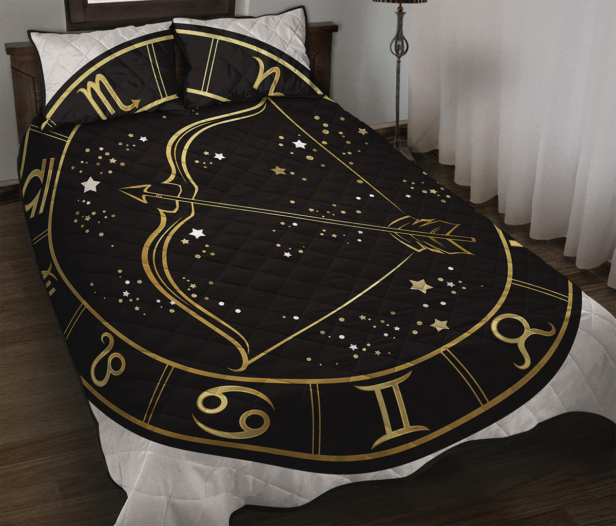 Gold And Black Sagittarius Sign Print Quilt Bed Set