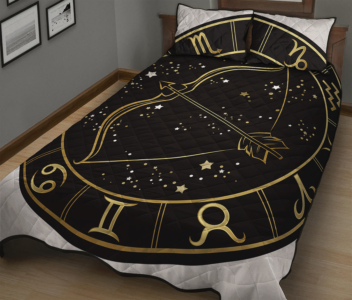 Gold And Black Sagittarius Sign Print Quilt Bed Set