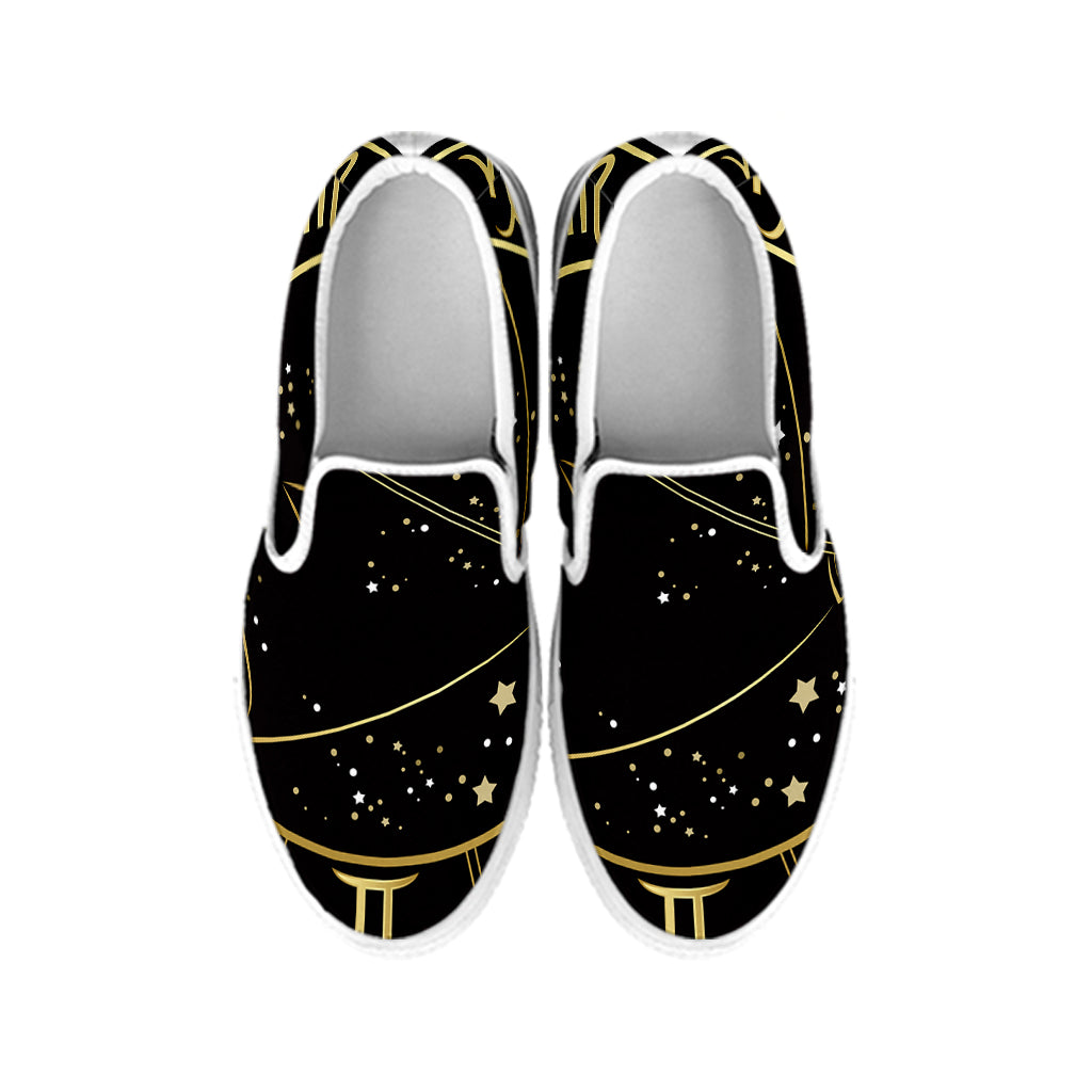 Gold And Black Sagittarius Sign Print White Slip On Shoes