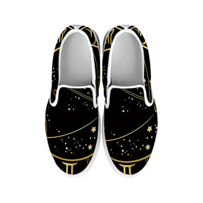 Gold And Black Sagittarius Sign Print White Slip On Shoes