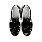 Gold And Black Sagittarius Sign Print White Slip On Shoes