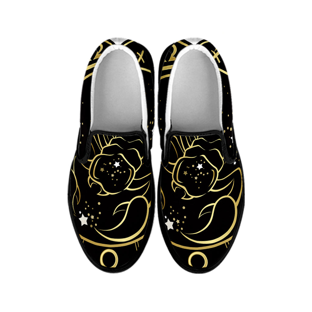 Gold And Black Scorpio Sign Print Black Slip On Shoes