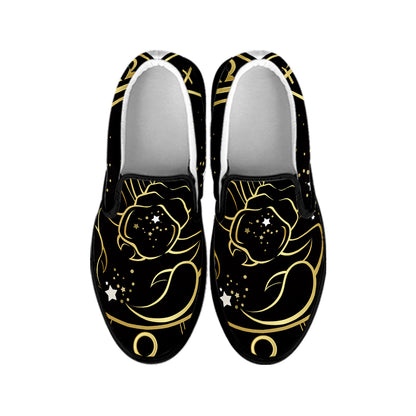 Gold And Black Scorpio Sign Print Black Slip On Shoes
