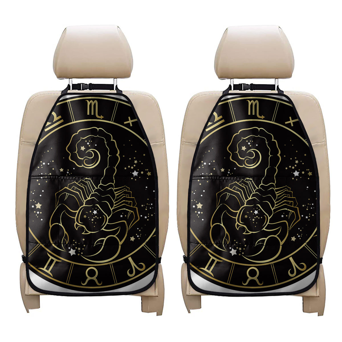 Gold And Black Scorpio Sign Print Car Seat Organizers