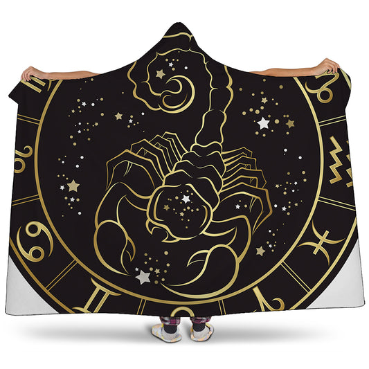 Gold And Black Scorpio Sign Print Hooded Blanket
