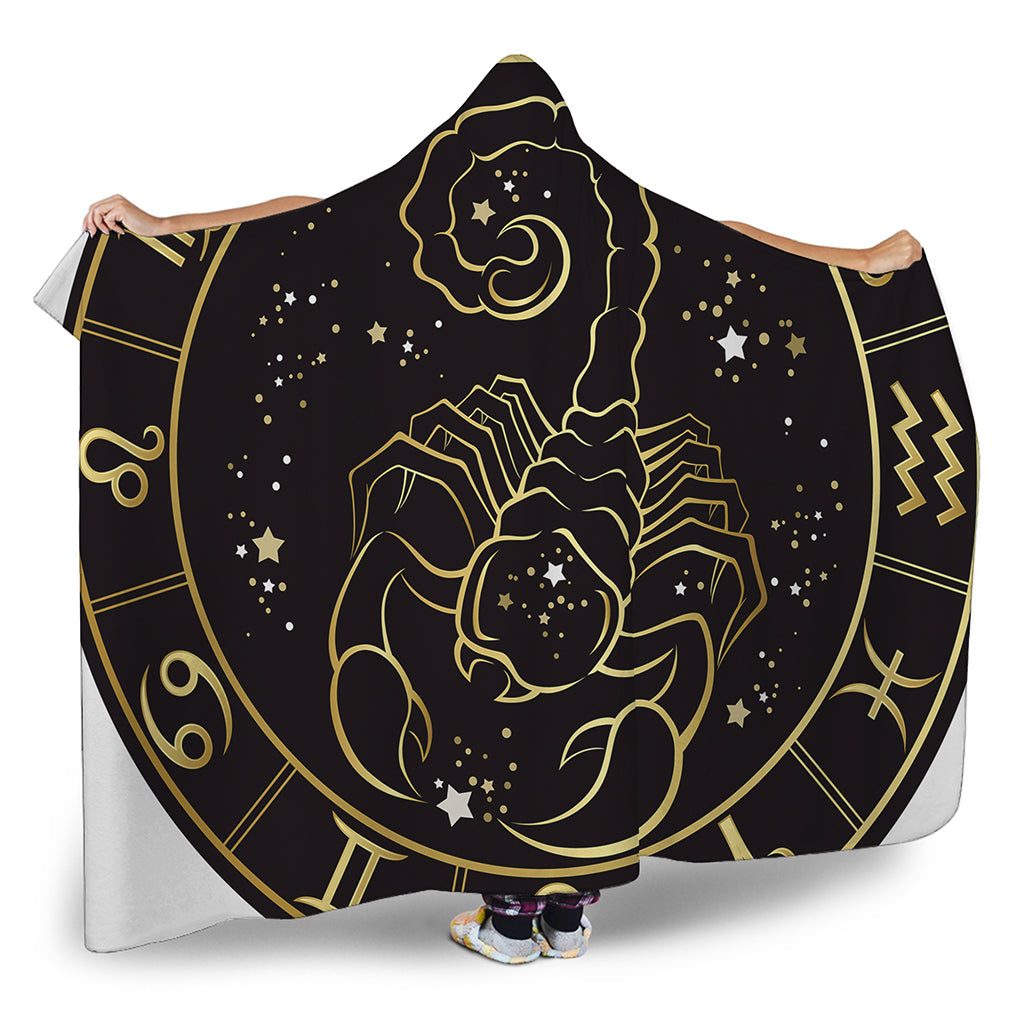 Gold And Black Scorpio Sign Print Hooded Blanket