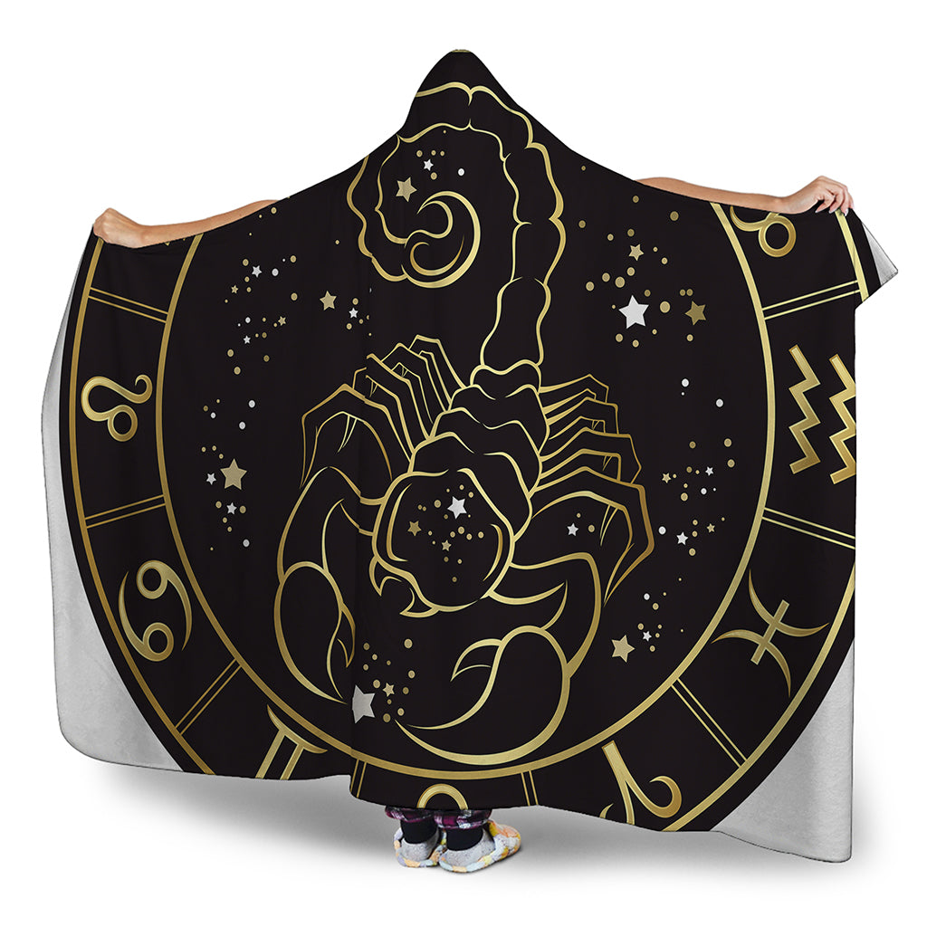 Gold And Black Scorpio Sign Print Hooded Blanket