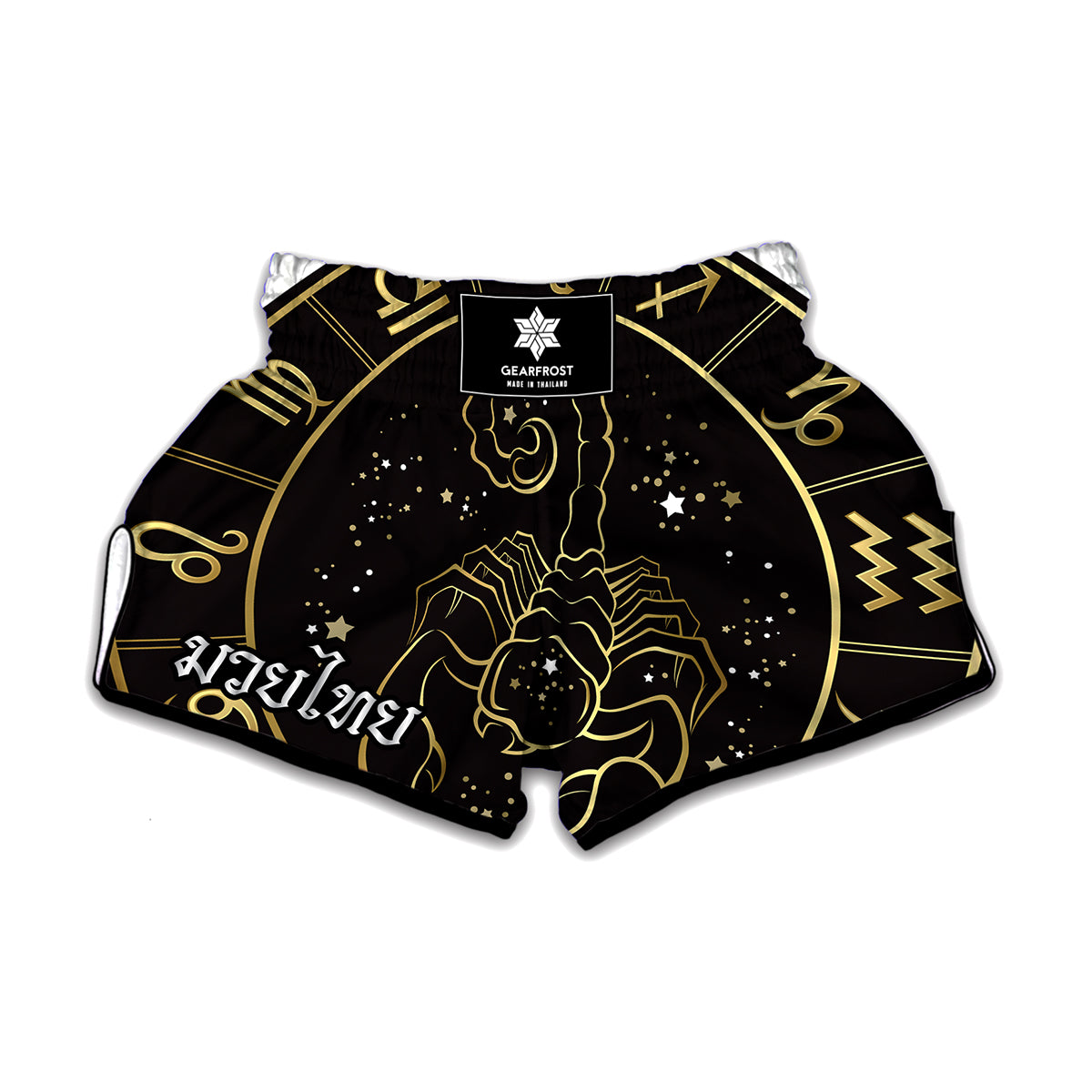 Gold And Black Scorpio Sign Print Muay Thai Boxing Shorts