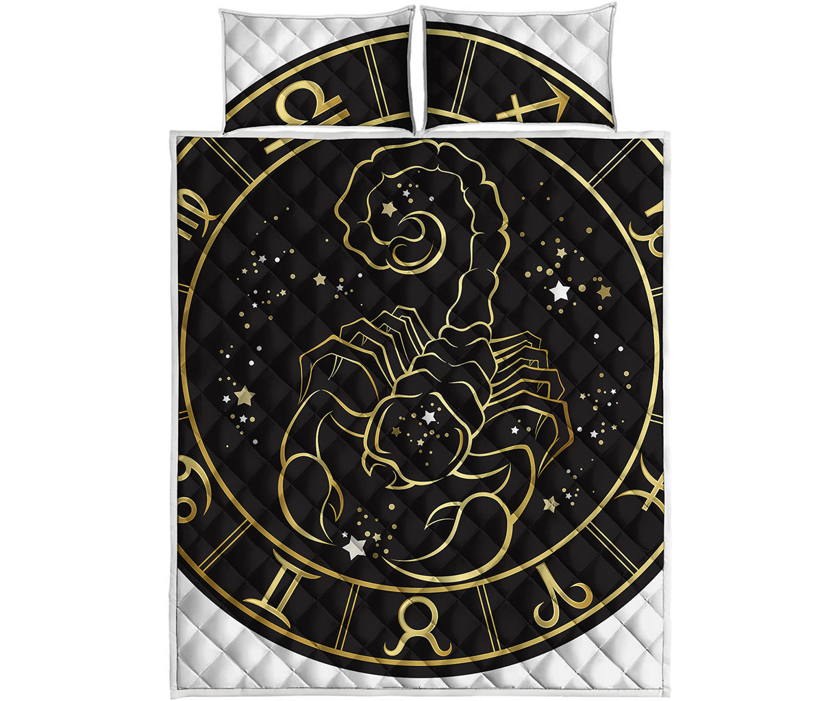 Gold And Black Scorpio Sign Print Quilt Bed Set