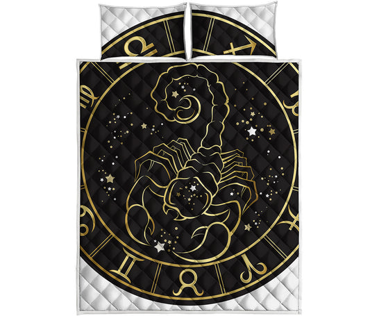 Gold And Black Scorpio Sign Print Quilt Bed Set