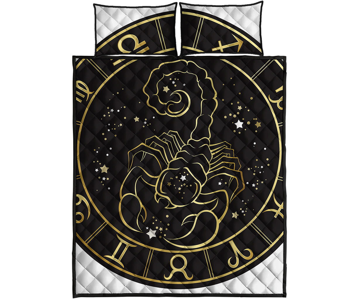 Gold And Black Scorpio Sign Print Quilt Bed Set