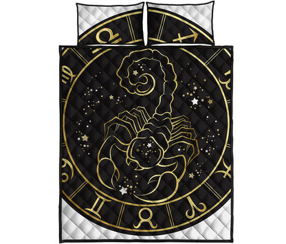 Gold And Black Scorpio Sign Print Quilt Bed Set