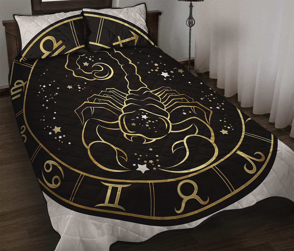 Gold And Black Scorpio Sign Print Quilt Bed Set