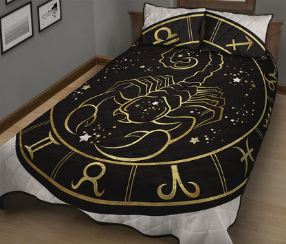 Gold And Black Scorpio Sign Print Quilt Bed Set
