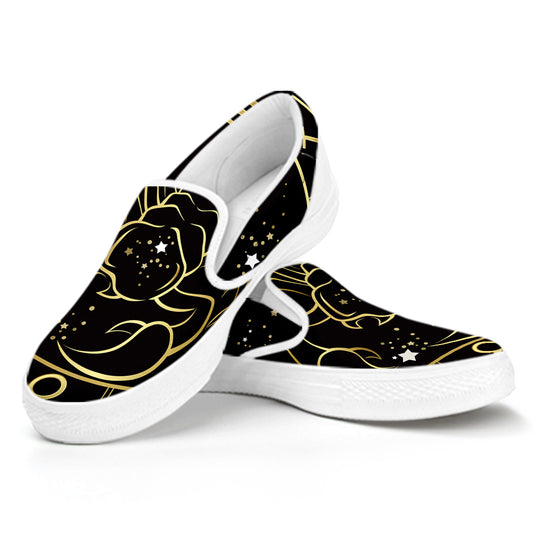 Gold And Black Scorpio Sign Print White Slip On Shoes