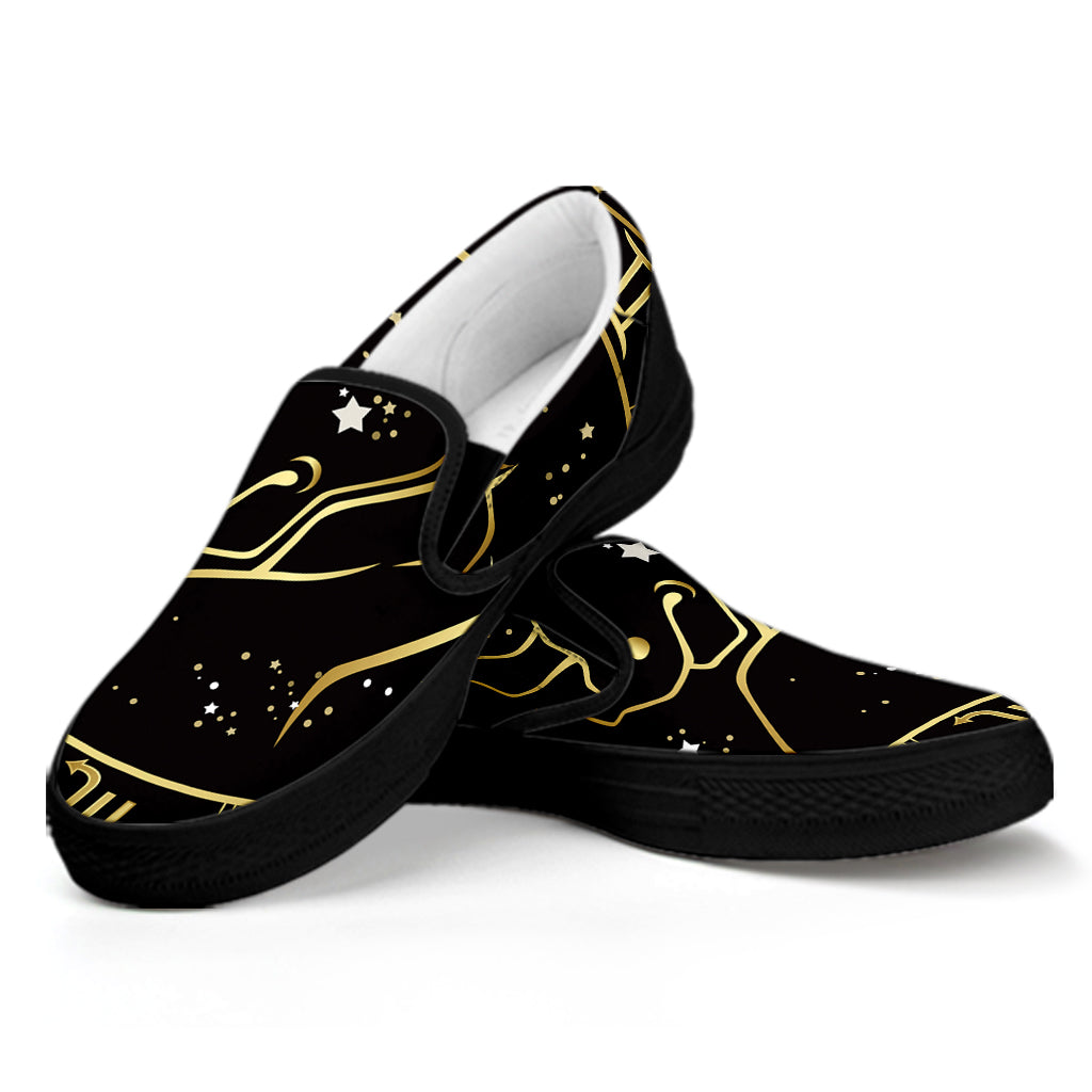 Gold And Black Taurus Sign Print Black Slip On Shoes