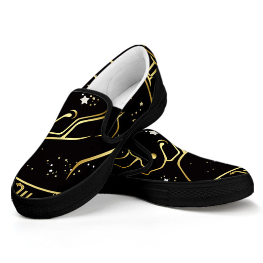 Gold And Black Taurus Sign Print Black Slip On Shoes