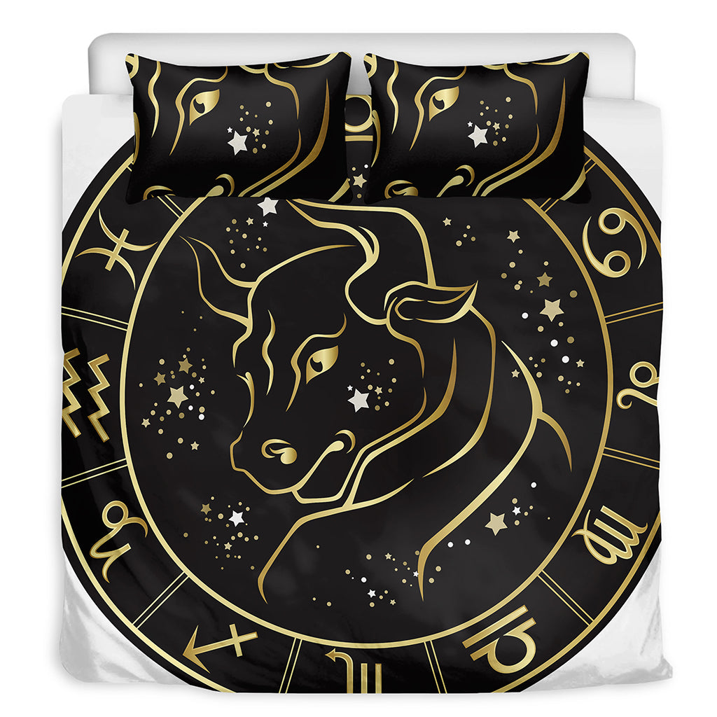 Gold And Black Taurus Sign Print Duvet Cover Bedding Set