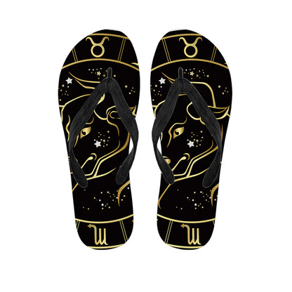 Gold And Black Taurus Sign Print Flip Flops