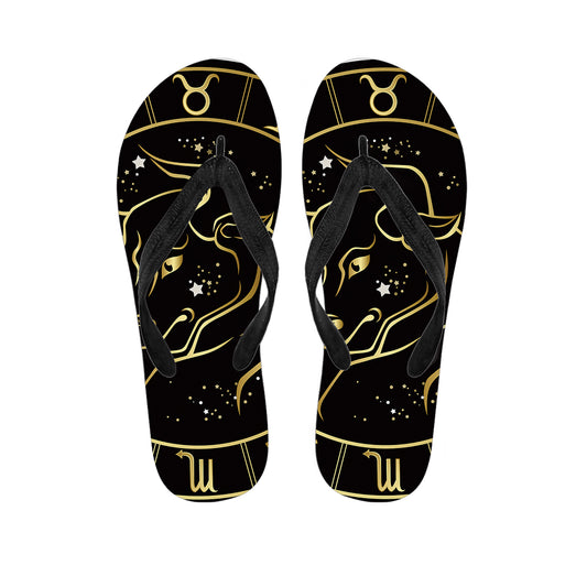 Gold And Black Taurus Sign Print Flip Flops