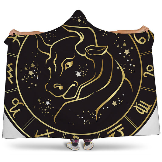 Gold And Black Taurus Sign Print Hooded Blanket