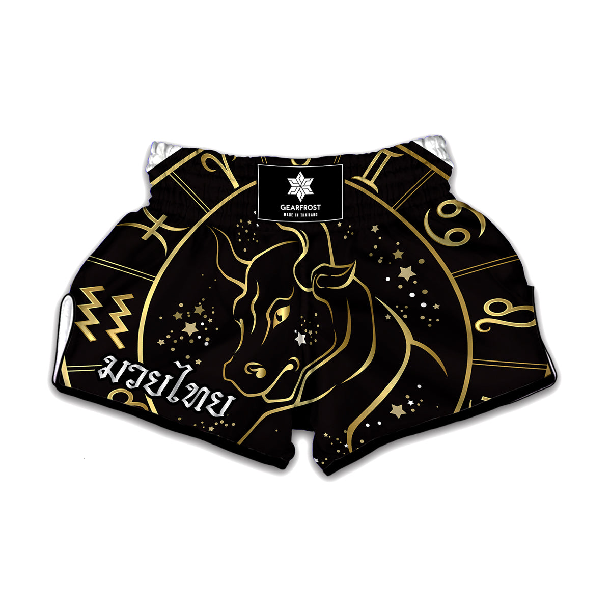 Gold And Black Taurus Sign Print Muay Thai Boxing Shorts