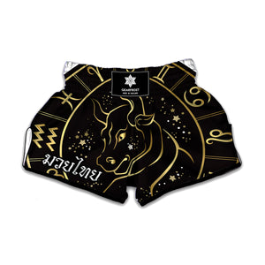 Gold And Black Taurus Sign Print Muay Thai Boxing Shorts