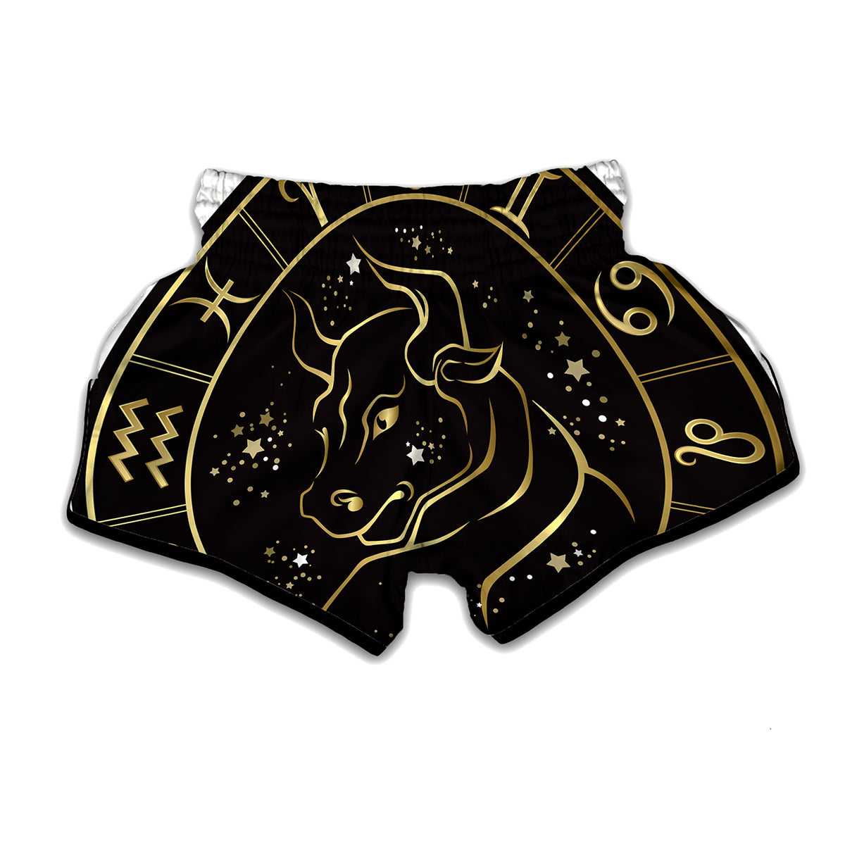 Gold And Black Taurus Sign Print Muay Thai Boxing Shorts