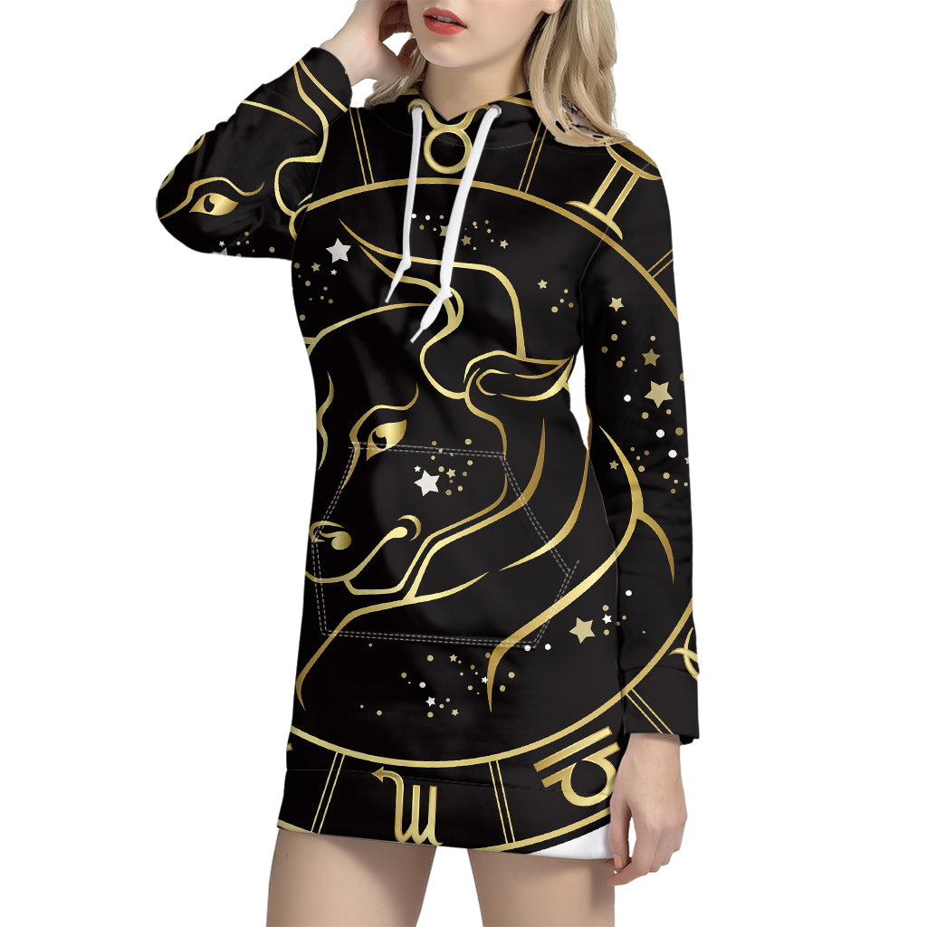 Gold And Black Taurus Sign Print Pullover Hoodie Dress