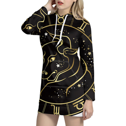 Gold And Black Taurus Sign Print Pullover Hoodie Dress