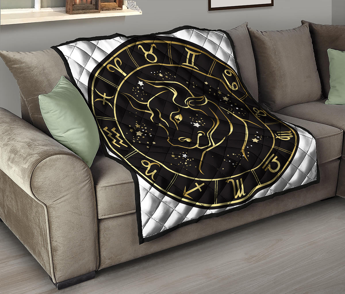 Gold And Black Taurus Sign Print Quilt