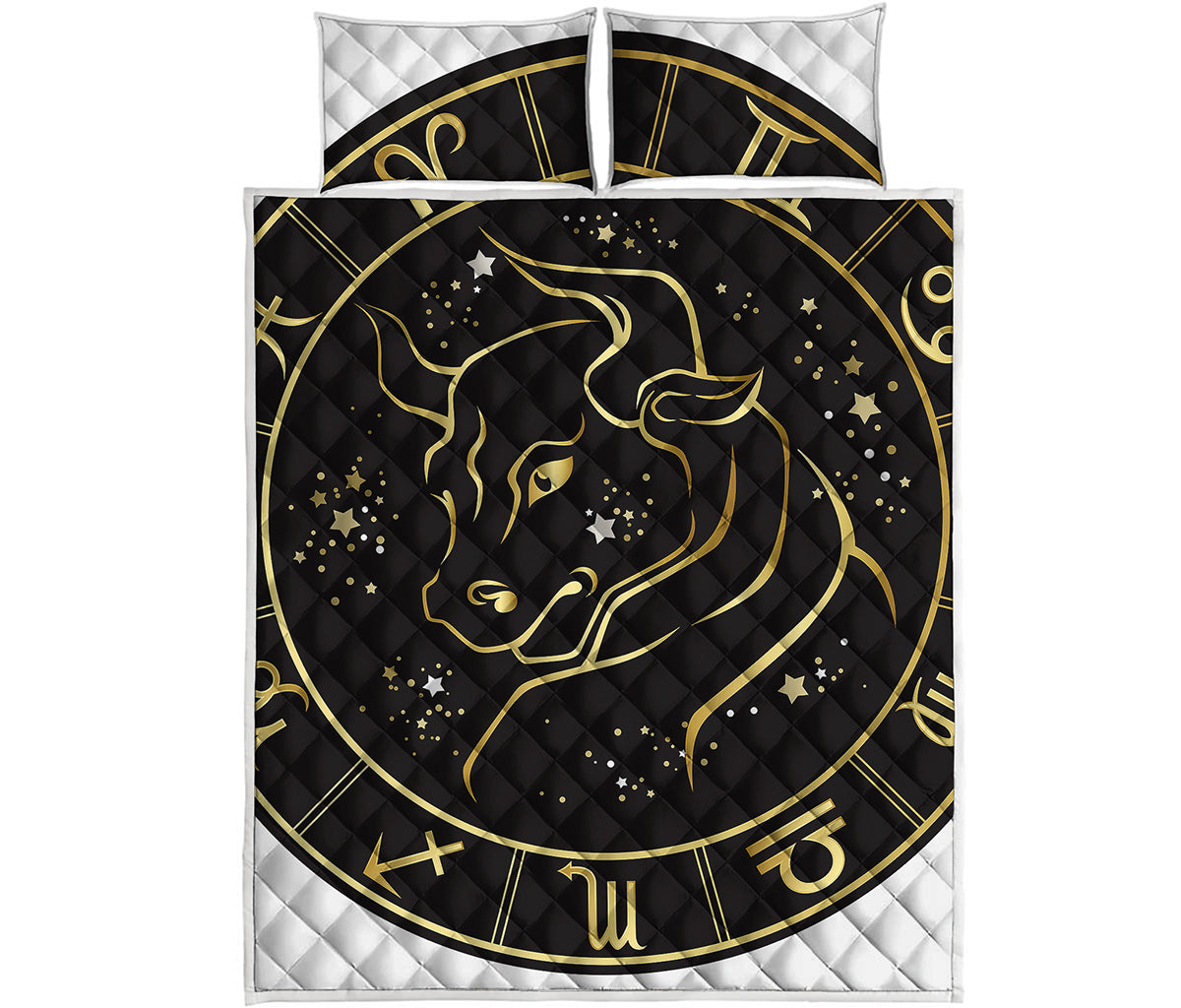 Gold And Black Taurus Sign Print Quilt Bed Set