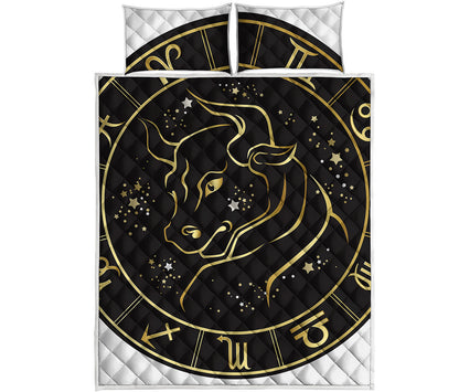 Gold And Black Taurus Sign Print Quilt Bed Set