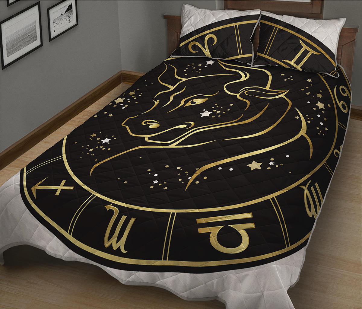 Gold And Black Taurus Sign Print Quilt Bed Set