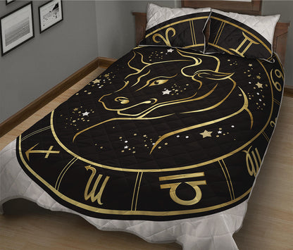 Gold And Black Taurus Sign Print Quilt Bed Set