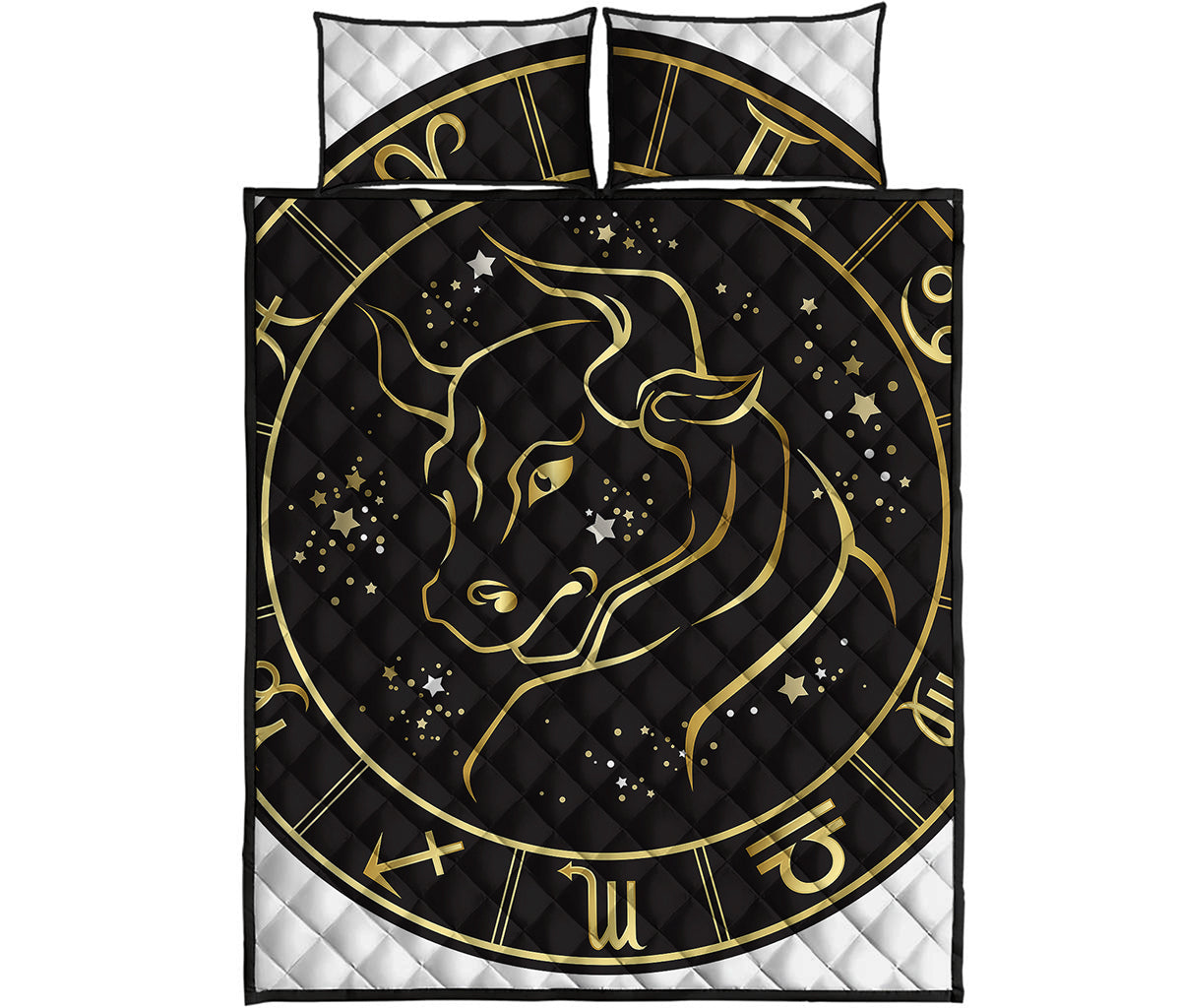 Gold And Black Taurus Sign Print Quilt Bed Set
