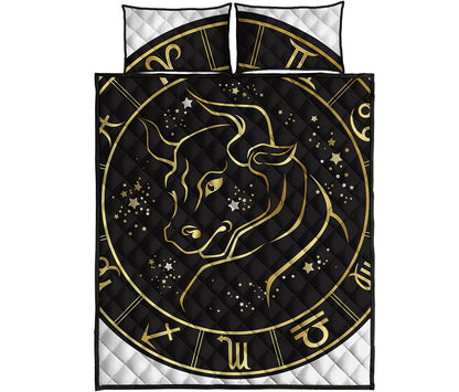 Gold And Black Taurus Sign Print Quilt Bed Set