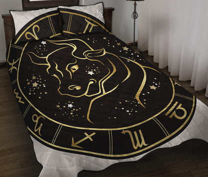 Gold And Black Taurus Sign Print Quilt Bed Set