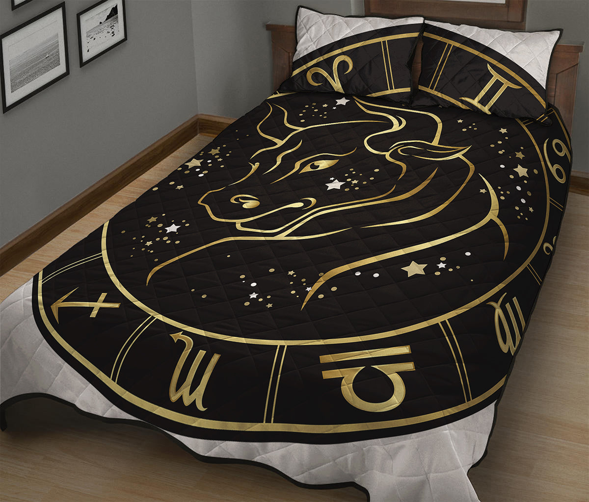 Gold And Black Taurus Sign Print Quilt Bed Set