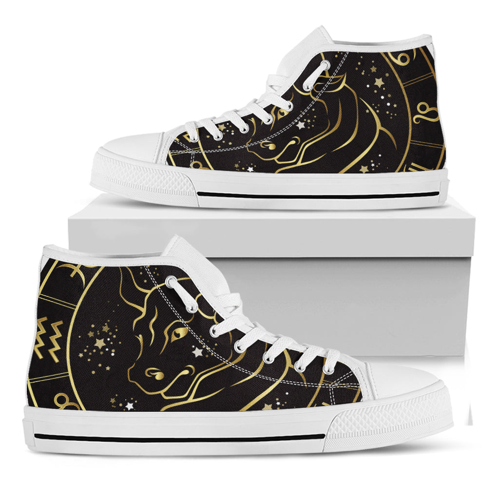 Gold And Black Taurus Sign Print White High Top Shoes